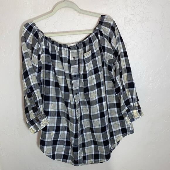Urban Renewal Tops - Urban Renewal green plaid distressed off the shoulder tunic top